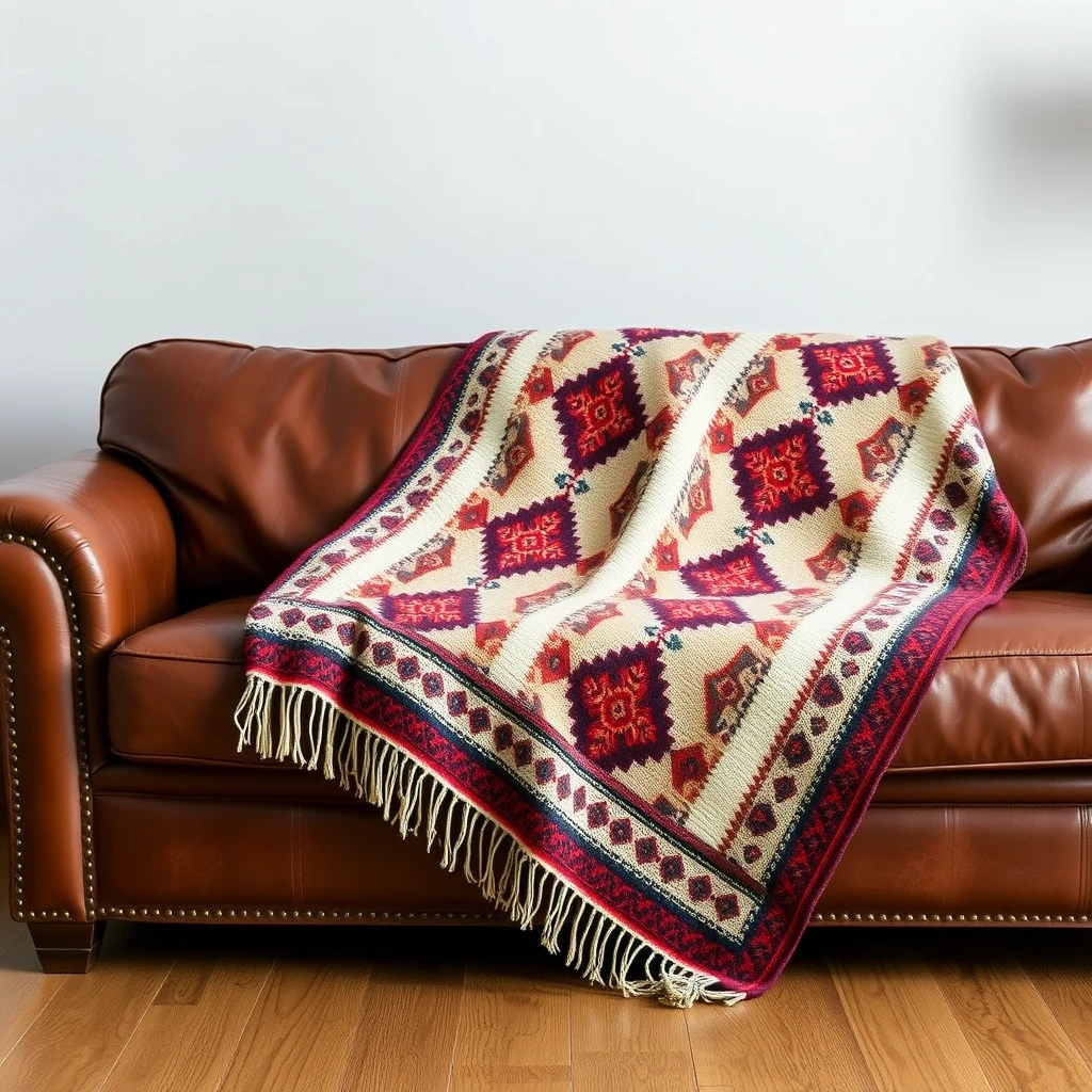 A Middle Eastern patterned blanket on an American-style leather sofa. - Image