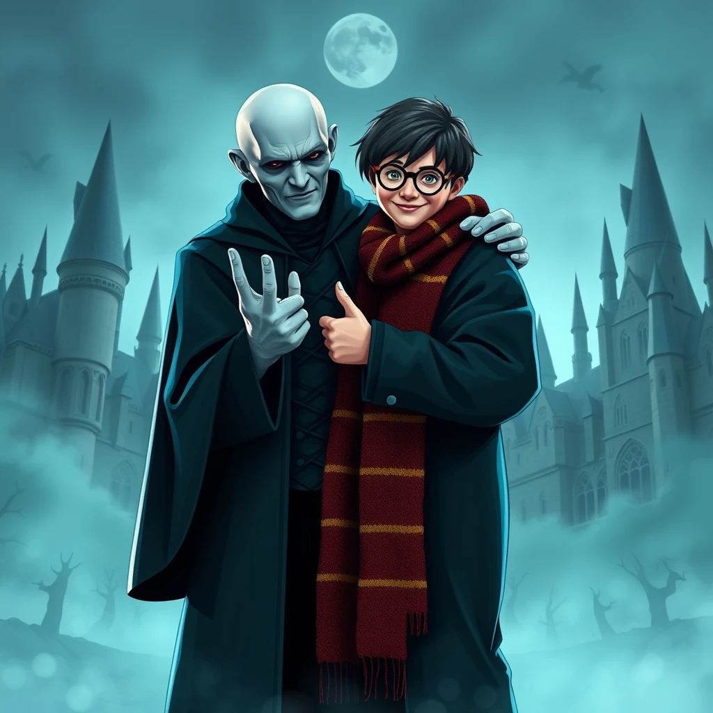 'Voldemort and Harry Potter stand close to each other, hugging and showing the peace sign. In the background, Hogwarts. Photorealistic, colorful, high resolution. 50mm lens, aperture 1.4.'