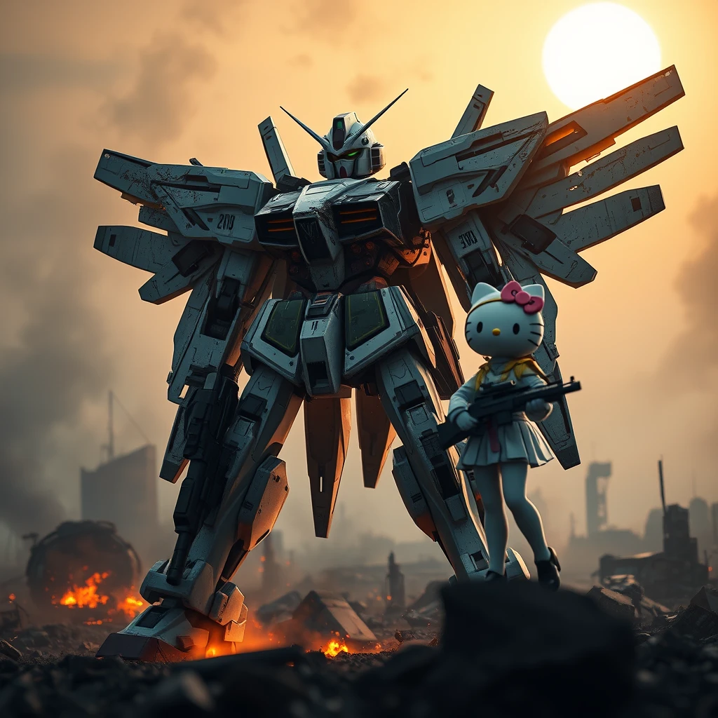 highly realistic gundam wing mech standing in a dystopian battlefield, realistic reflections, heavy battle damage on the gundam, smoke rising from gundam, smoldering ruins, 8k, cinematic, dynamic heroic cinematic camera angle, atmospheric lighting, dark and gritty, moonlight, realistic surfaces, sharpened image, bokeh, depth of field, female hello kitty pilot holding a gun by the gundam's foot, realistic smoke, 8k render, realism.