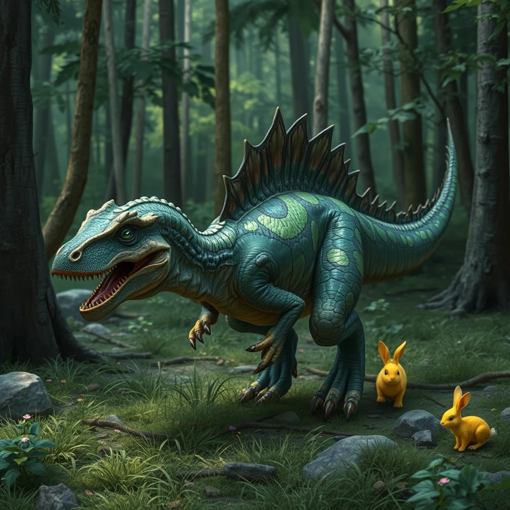 A battle-torn dinosaur with patches of prismatic scales roaming a lush forest, tracking a cute yellow bunny. - Image