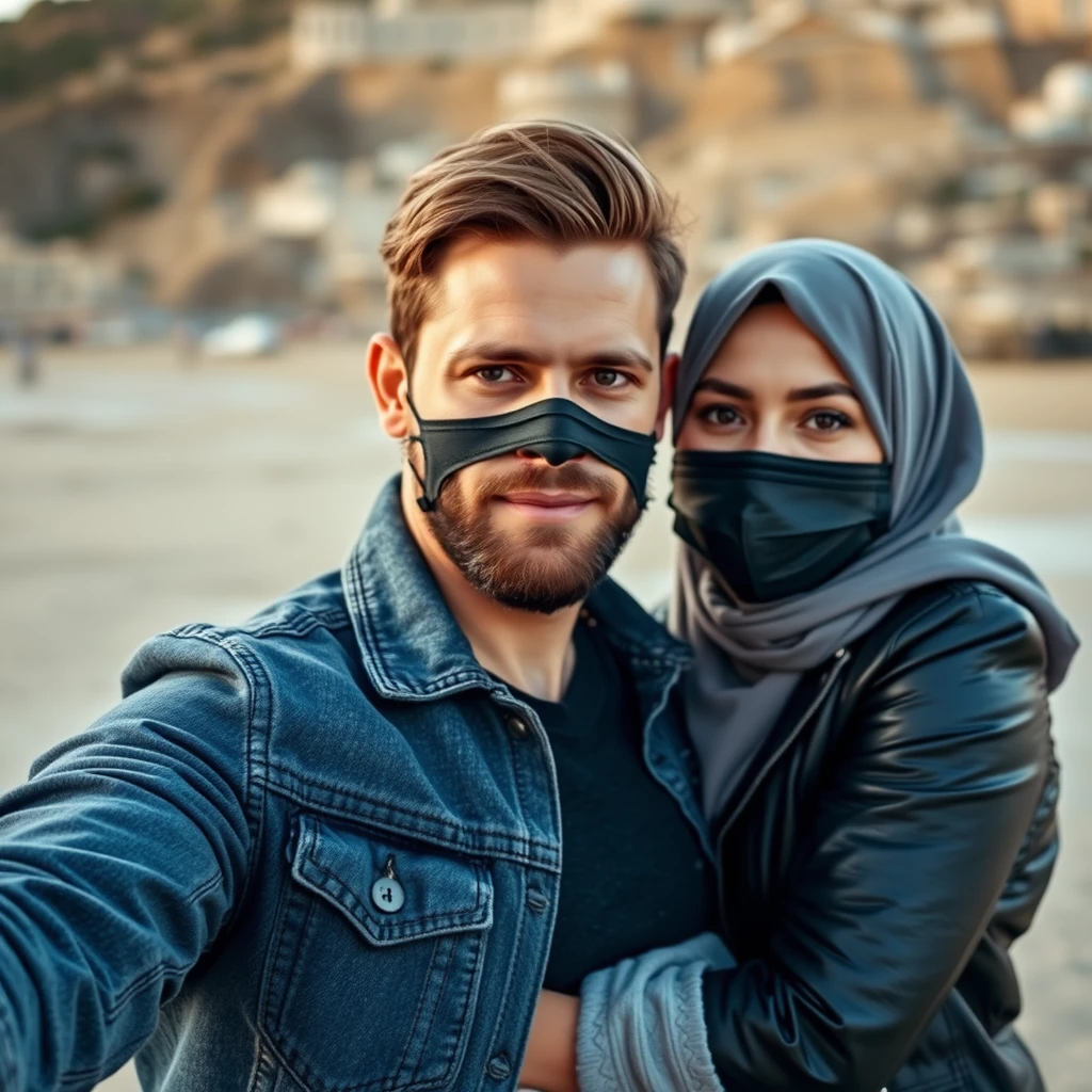 Jamie Dornan's head and body shot, handsome, black face mask, jeans jacket, jeans, dating, love couple with the biggest grey hijab Muslim girl, beautiful eyes, black face mask, black leather jacket, biggest skirt, at the beach, holding a baby, hyper-realistic, street photography, selfie. - Image