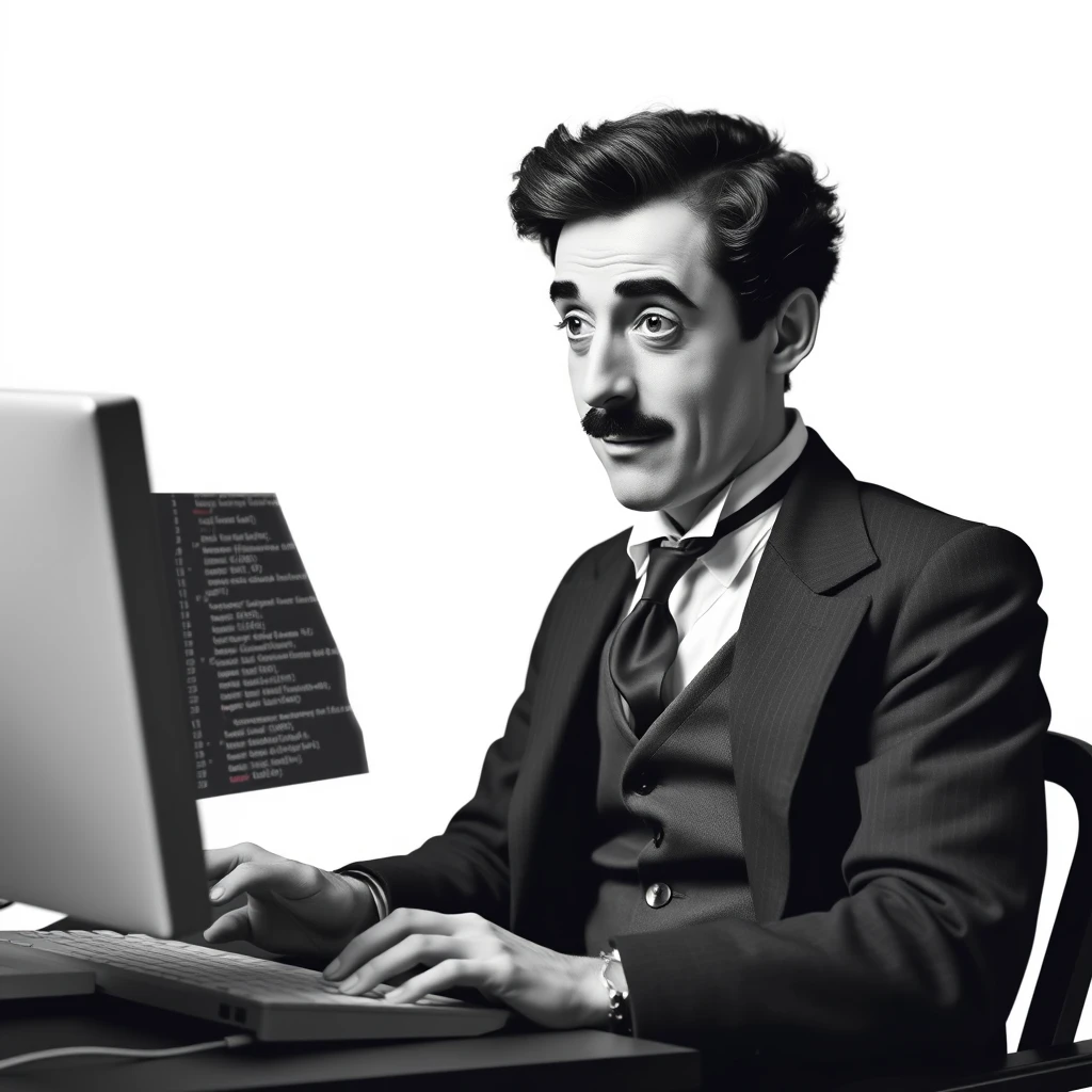 Make a high-resolution image of Charlie Chaplin in semi-formal attire. Make it look like he is coding on a computer, ideally something related to resilience.