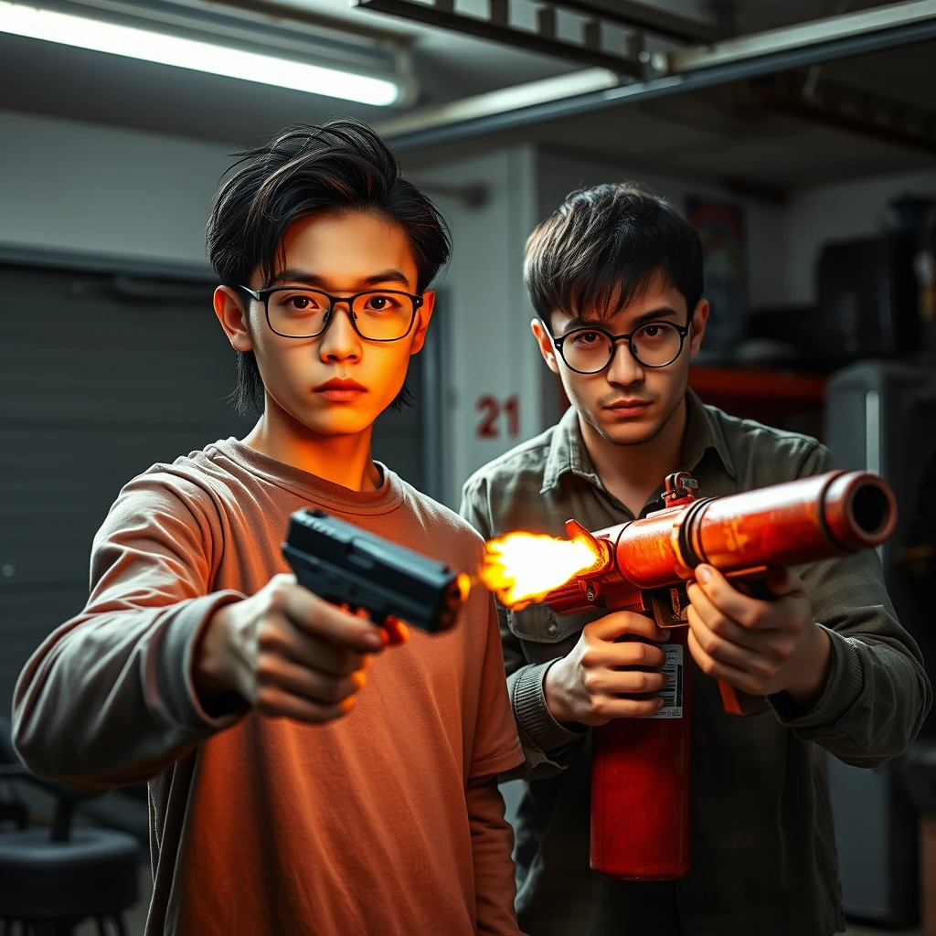 21-year-old white, thin, long-faced young northern Chinese man with a square chin, wearing square glasses, holding a pistol, with medium to long length hair; 21-year-old white Italian man wearing round glasses and short hair holding a very large fire extinguisher flamethrower; garage setting; both angry. - Image