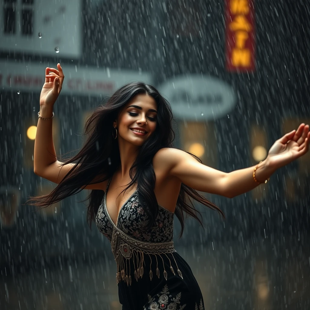 BEAUTIFUL DARK HAIRED WOMAN DANCING IN RAIN