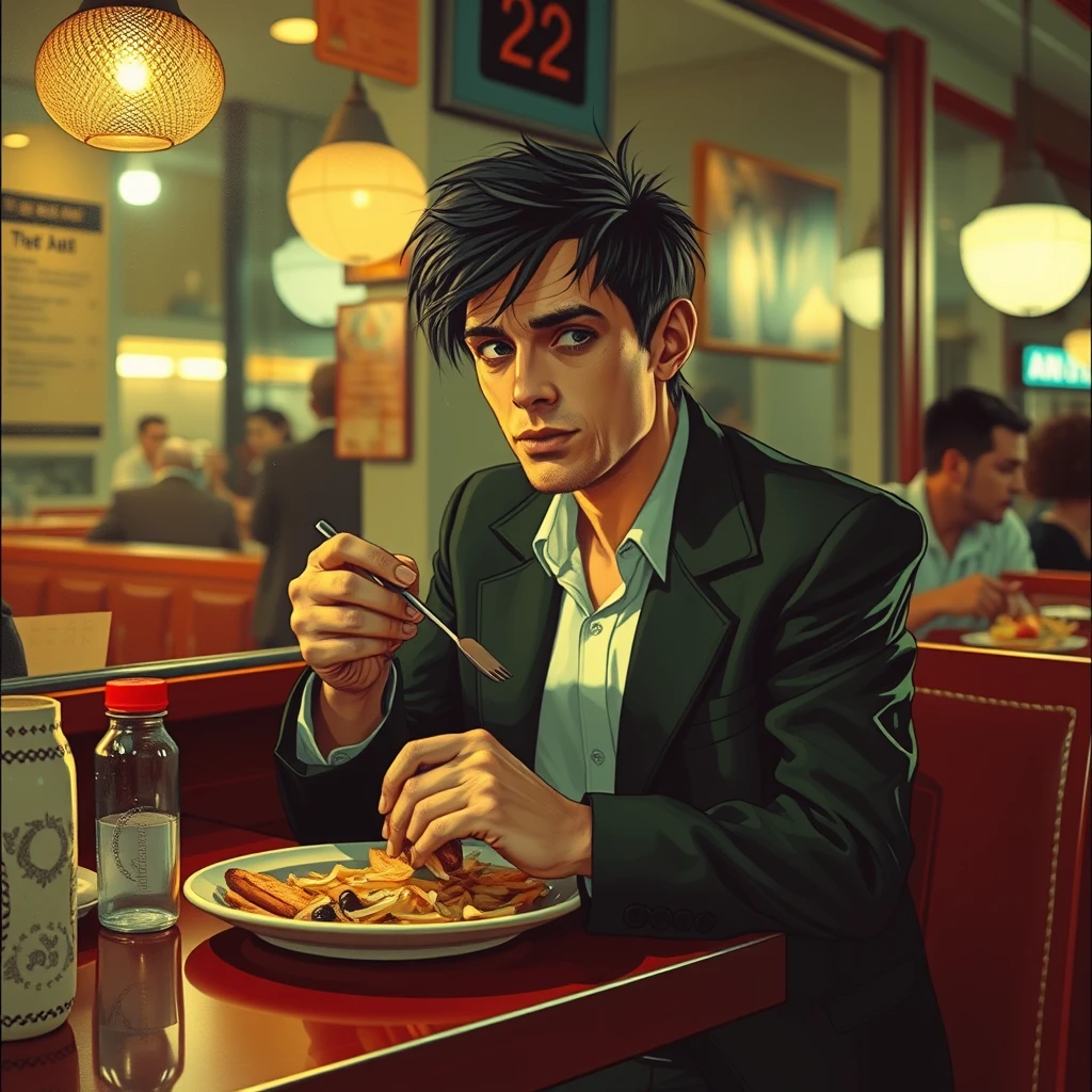 "A white-collar worker eating in a restaurant at 2 AM, punk style."