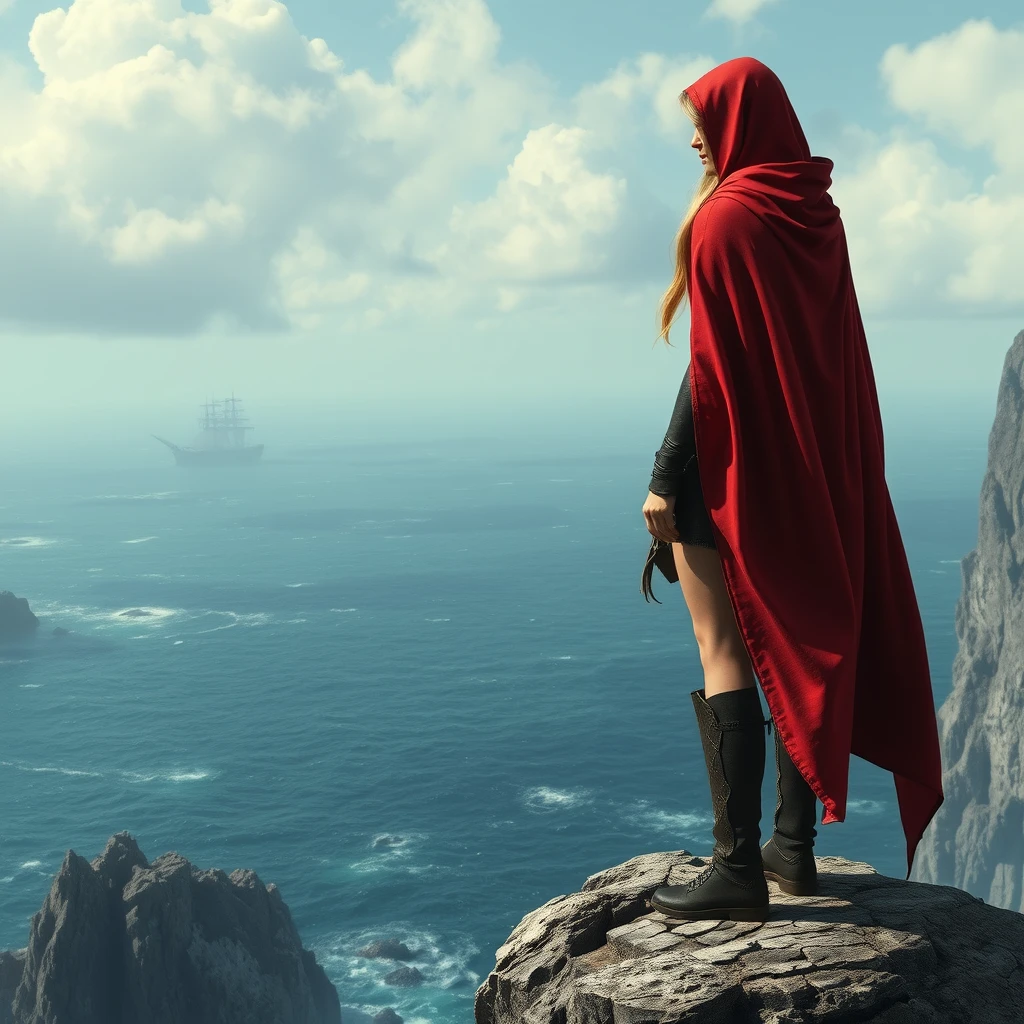 Photo realistic: Fantasy heroine with a red cloak standing on the cliff above the sea.