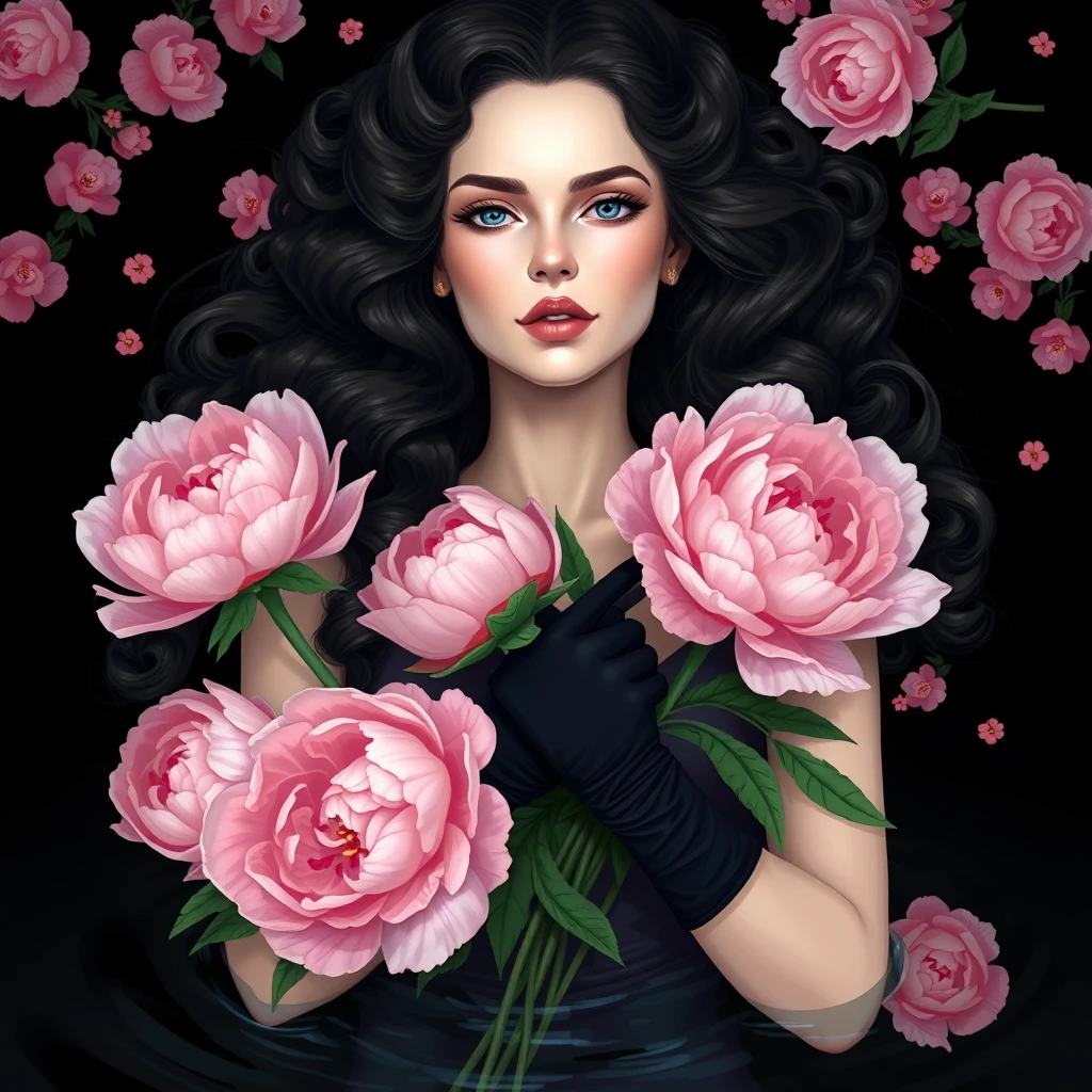 A portrait of an elegant woman with long, dark curly hair holding peonies in her hands. The background is black with pink flowers. She has light skin, red lips, and white eyes, wearing gloves on both arms. In the style of Artgerm's digital painting style, laying in water, more from this series. - Image