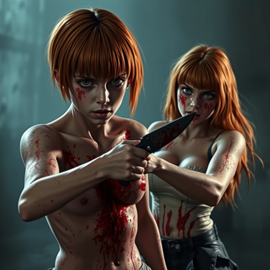 A horror scene with two people: a short, skinny teenage girl with long ginger hair and bangs, green eyes, and large breasts, wielding a knife to cut a tall young white guy with brunette hair and dark eyes, covered in blood.