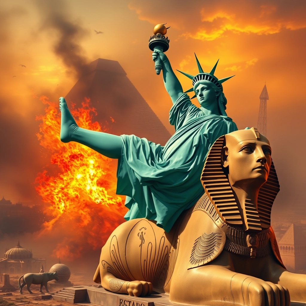 Realistic image of the Statue of Liberty kicking the Egyptian Sphinx, with Cairo in flames in the background. - Image