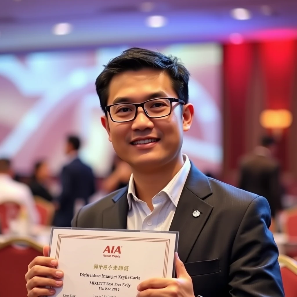 Generate a realistic photo of a Chinese male insurance agent from AIA. 35 years old posing for his portrait photo in an annual award presentation night receiving his MDRT recognition.