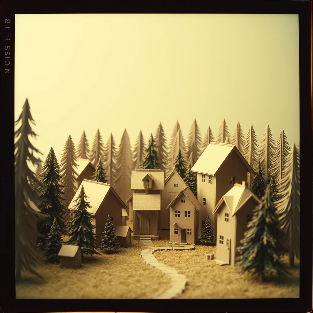 Weird image of cardboard village with cardboard forest Polaroid, 1970s. - Image