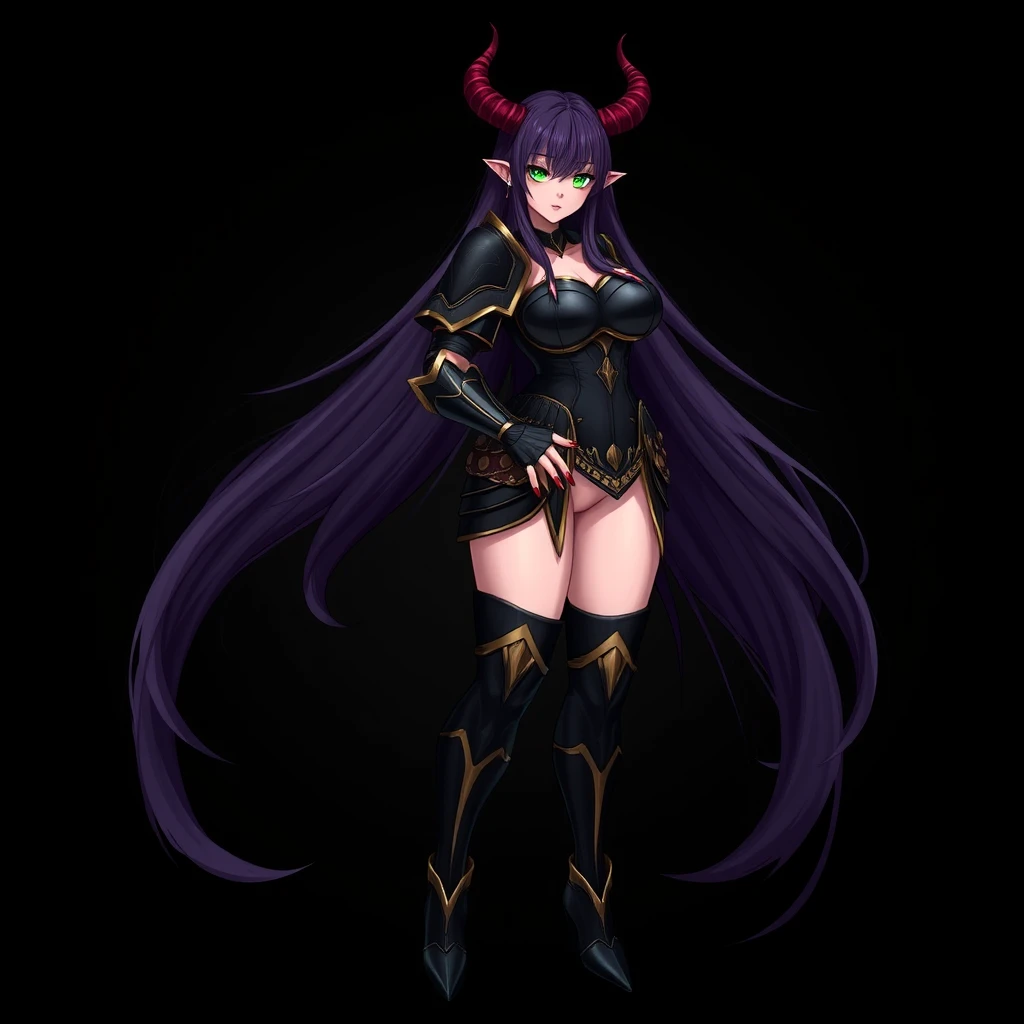 Solo, 1 girl, realistic, mature, high quality, very long hair, dark violet hair, green eyes, long red fingernails, demon horns, large hips, black armor with gold trim, standing pose, smooth curves, curvy body, black background, full body, boots. - Image