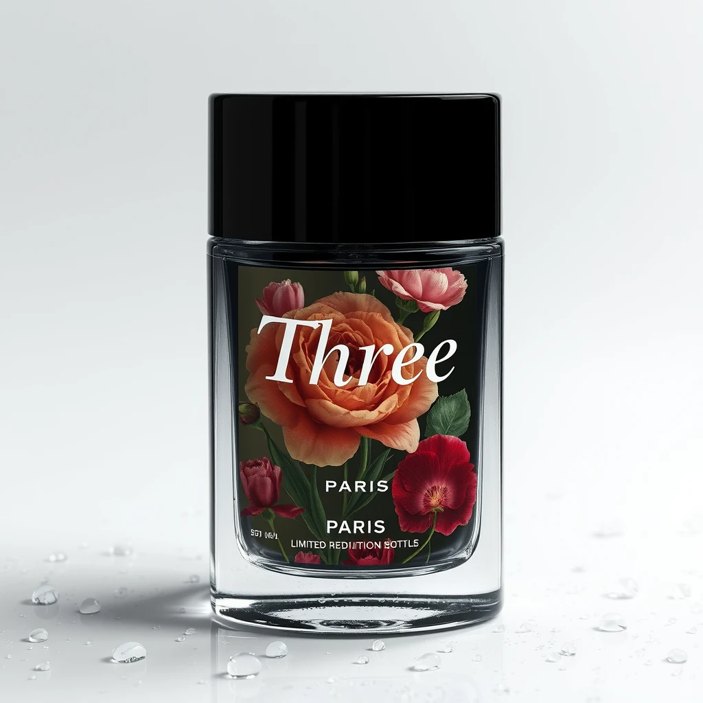 Realistic photography, limited edition glass cosmetic bottles from Paris, with the word "Three" and iconic floral images printed on the glass. The background is white, and there are dewdrops on the bottle's surface, featuring epic visual effects and exquisite printing technology, intricate details, and rich details. - Image