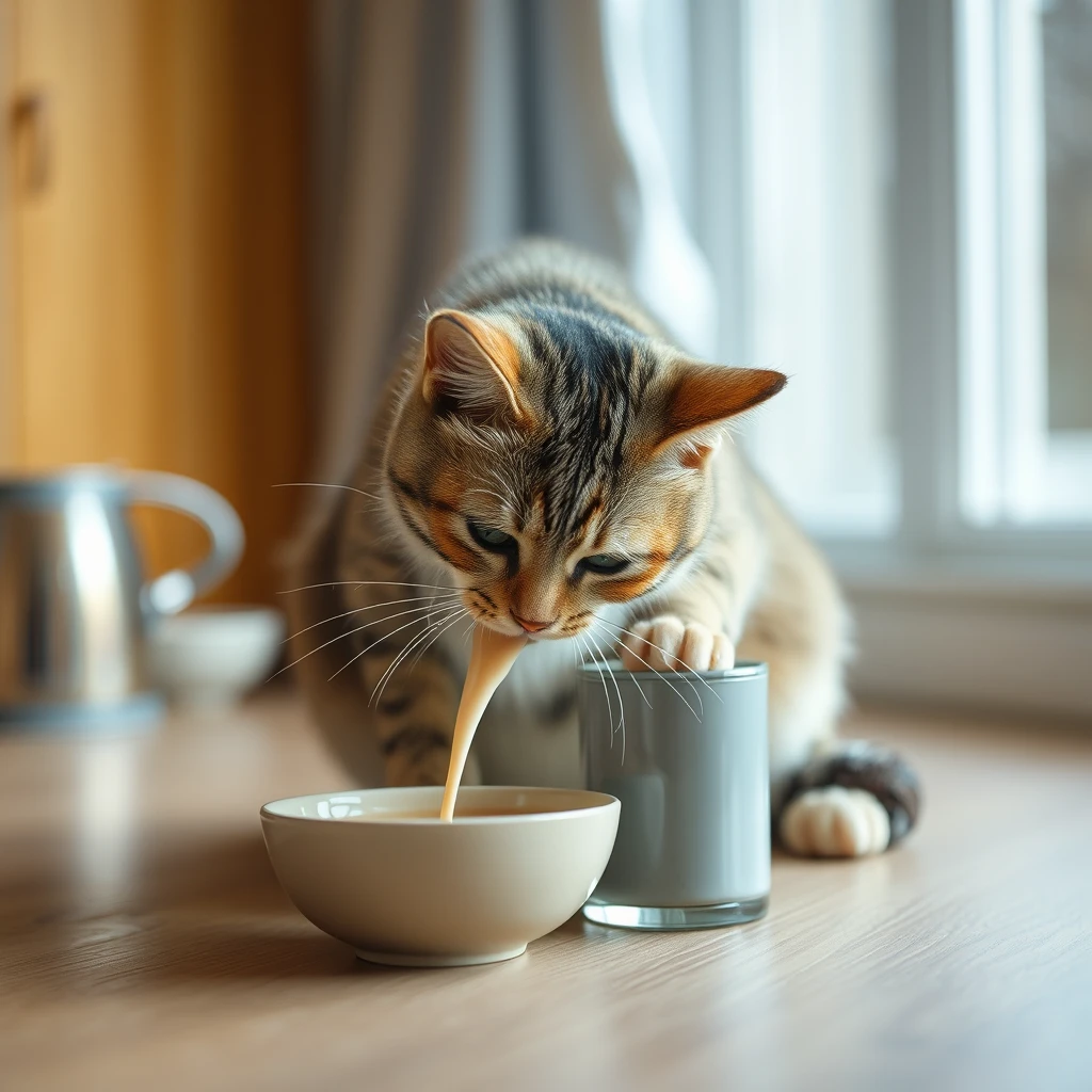 house cat stirring chocolate milk