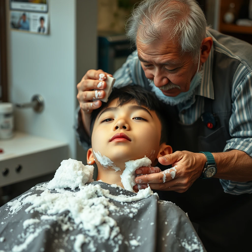 A portrait of an elderly barber washing the face of a 12-year-old Korean boy, who has a feminine appearance and is wearing makeup, while lying on a barber chair with a lot of soap. - Image