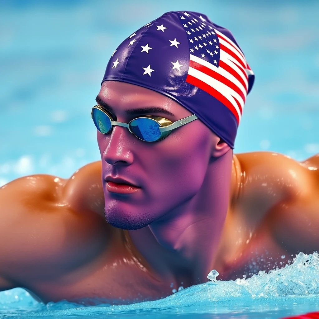 "Thanos with a purple face participates in the Olympics swimming, wearing a swimming cap with the American flag."