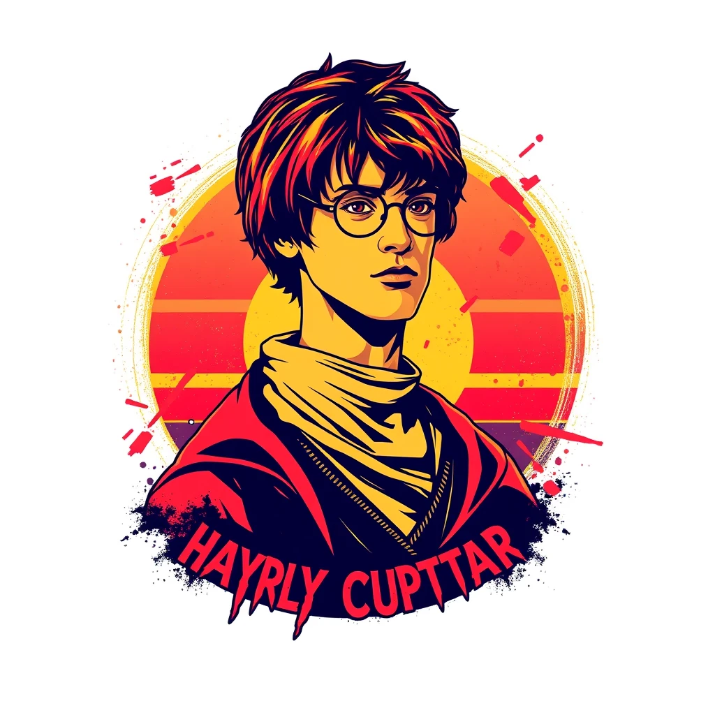 Vector t-shirt design Vintage retro sunset distressed red and yellow style design, Daniel Redcliffe as Harry Potter, with text “HAYIRLI CUMALAR”, typography, graffiti, 3d render, 4k, vibrant. - Image