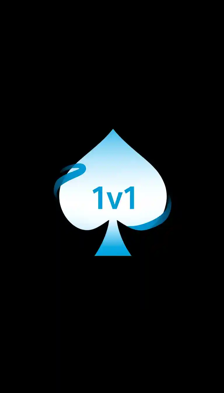 The image is a graphic design of a playing card with the blue aqua theme in the center. In the center, it's written "1v1". The card is portrait in shape and has a plain black background. The overall design is modern and minimalistic. - Image