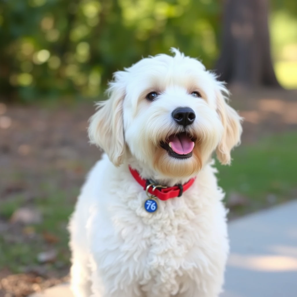 Goldendoodle dog Rockie, 35 pounds, 10 years old, male, white color. Red collar, a small blue 'Rockie 76' name tag. Rockie walks his 4 puppies. - Image