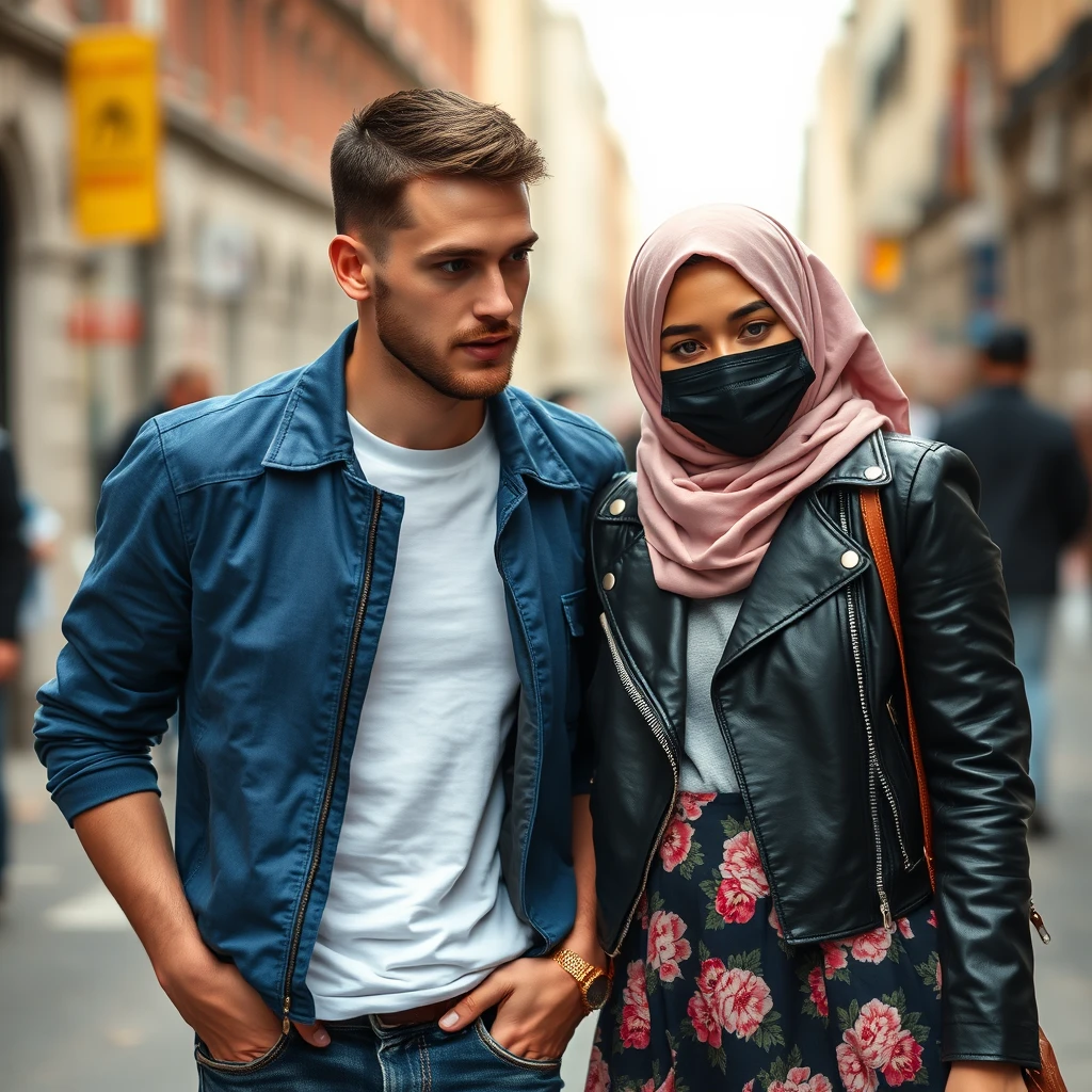 Jamie Dornan's face, hair, and body shot, handsome, young, shaved, white T-shirt, blue jacket, jeans, dating love with the biggest soft pink hijab, black leather jacket, black face mask, biggest floral skirt, hyper-realistic, street photography. - Image