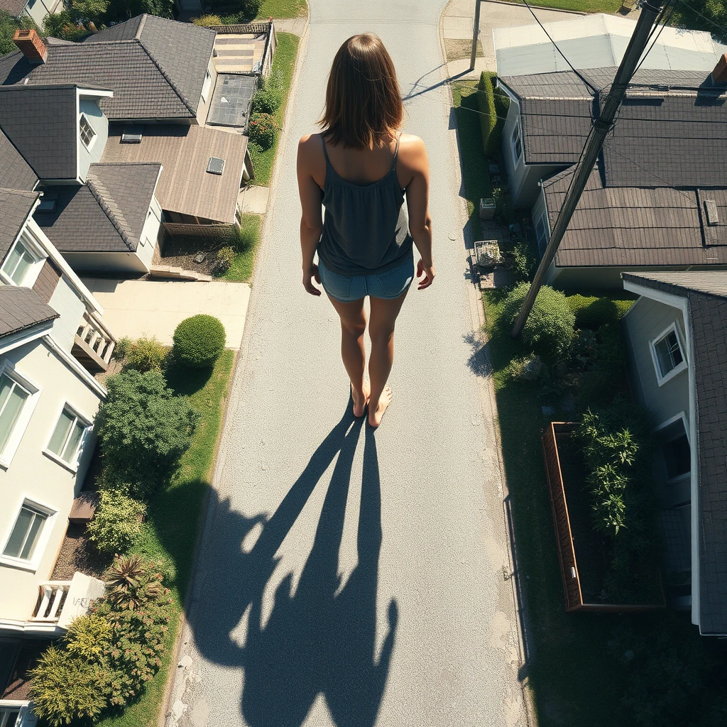 View from above, 50-meter tall giant woman standing in neighborhood street barefoot, realistic shadow.