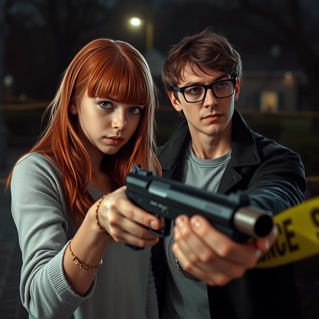 A murder scene; a petite skinny teenage girl with long ginger hair and bangs, green eyes, shooting and killing a young, skinny, tall Italian man who wears glasses.