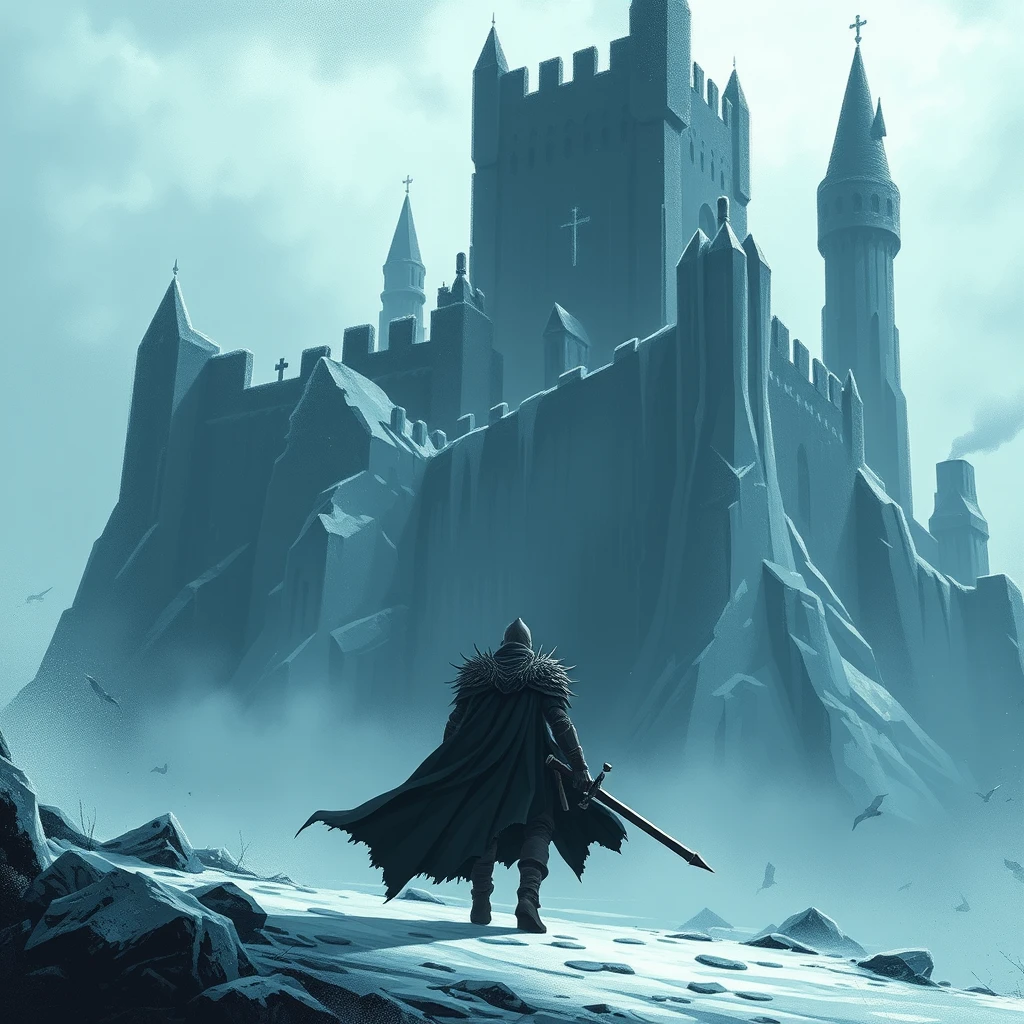 Dark fantasy animation. A warrior approaches a castle of ice.