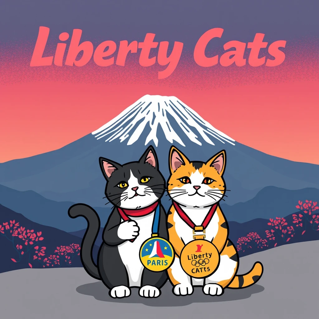 draw a pic with "Liberty Cats Congratulations chinese athletes " big text on the Mount Fuji backgroud,AND tow pixel style cats  in front it together , carring a Paris Olympic gold medal  logo with text "Liberty Cats"
 - Image