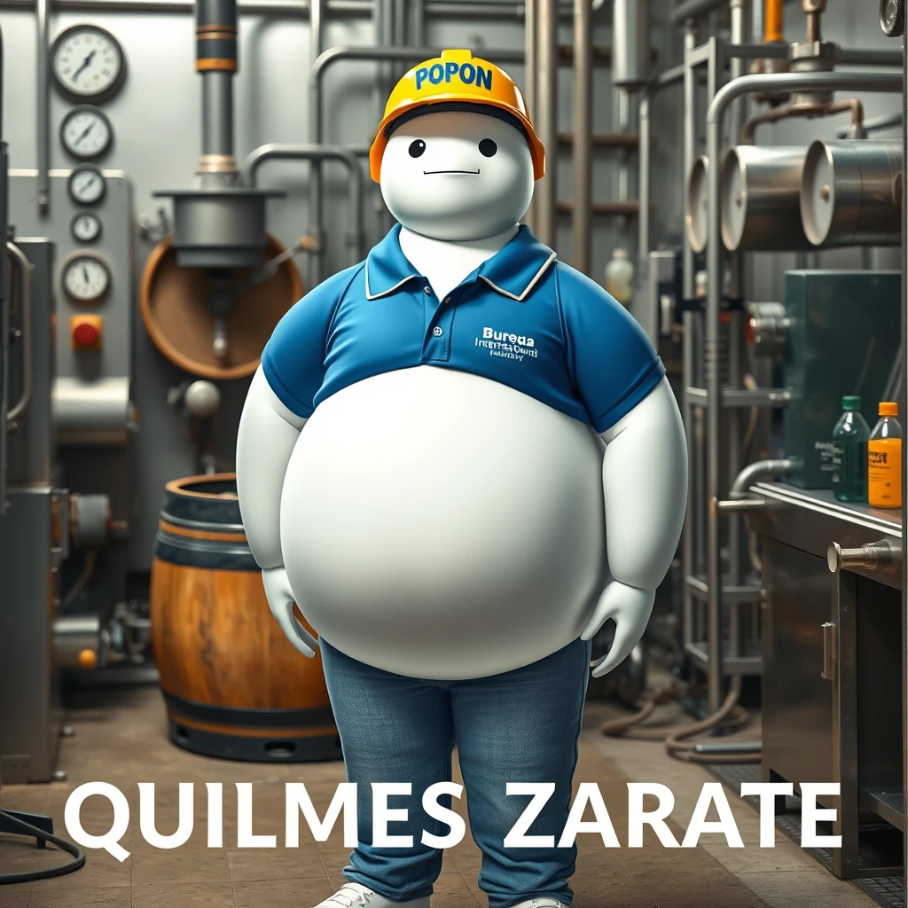 Baymax in a bottling plant surrounded by machinery, a barrel, gauges, dressed in a blue polo uniform, the logo of the international company Bureau Veritas, blue jeans and wearing a yellow helmet that has the word POPON written on it, and below in the picture the caption in beautiful letters QUILMES ZARATE.