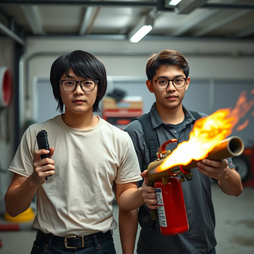 21-year-old white Northern Chinese man wearing square glasses, mid/long fringe black hair, holding a Glock, and 21-year-old white Italian man wearing round glasses and brown short hair holding a very large fire extinguisher flamethrower, garage setting.