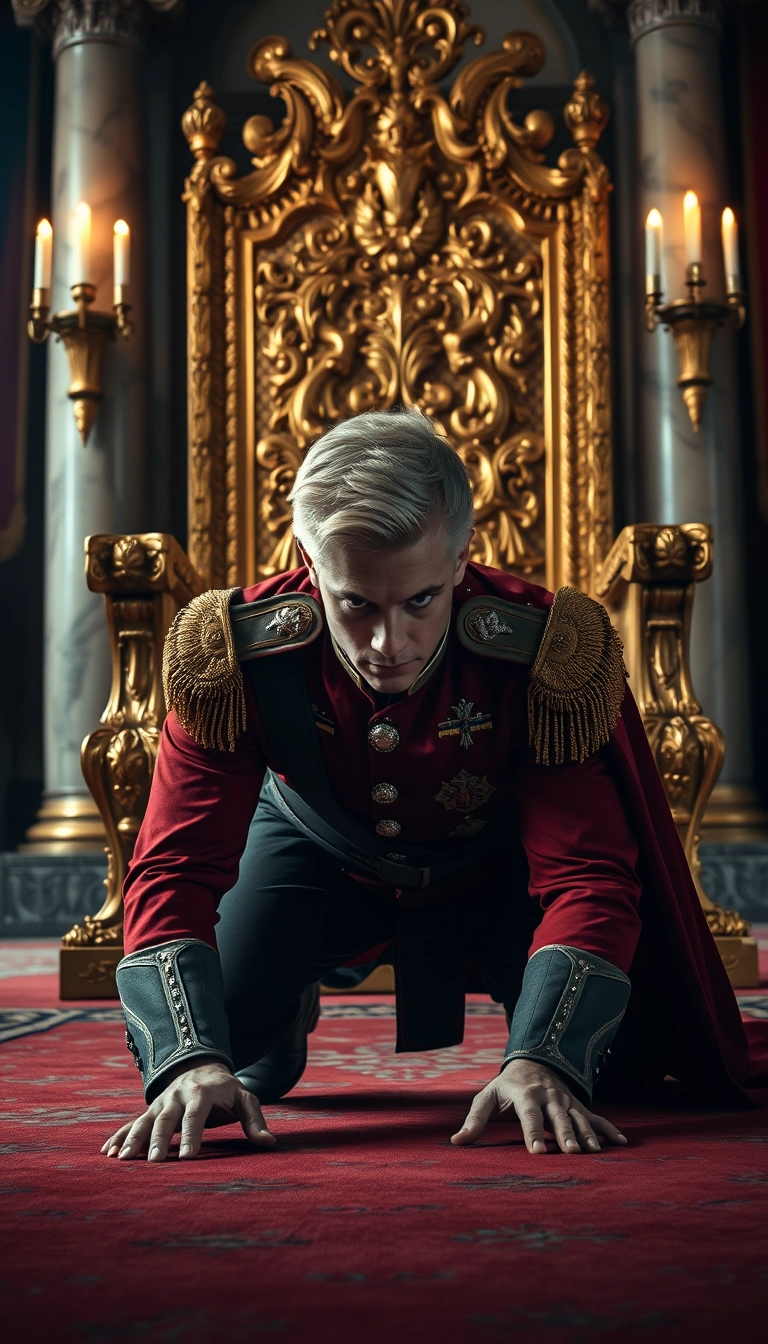 Main Character: A handsome and muscular blond British King with piercing blue eyes, dressed in a meticulously detailed British royal military uniform, is positioned on all fours, his head bowed low to the ground, trembling slightly. His posture conveys a sense of defeat and desperation.

Background: A colossal golden throne, intricately carved with ornate details and shimmering under the soft glow of candlelight, dominates the scene. The throne room is vast and opulent, with towering marble pillars and rich tapestries adorning the walls. A sense of history and power permeates the atmosphere.

Visual Style: The scene should be captured in a professional, cinematic style, reminiscent of historical dramas like "The King's Speech" or "The Crown". The lighting should be dramatic and moody, casting long shadows that emphasize the King's vulnerability and the imposing presence of the throne. The color palette should be rich and regal, with deep reds, golds, and blues dominating the scene. The overall composition should create a sense of tension and drama, highlighting the King's internal struggle and the weight of his responsibilities. The image should be sharp and detailed, showcasing the textures of the King's uniform, the intricate carvings on the throne, and the opulent surroundings.