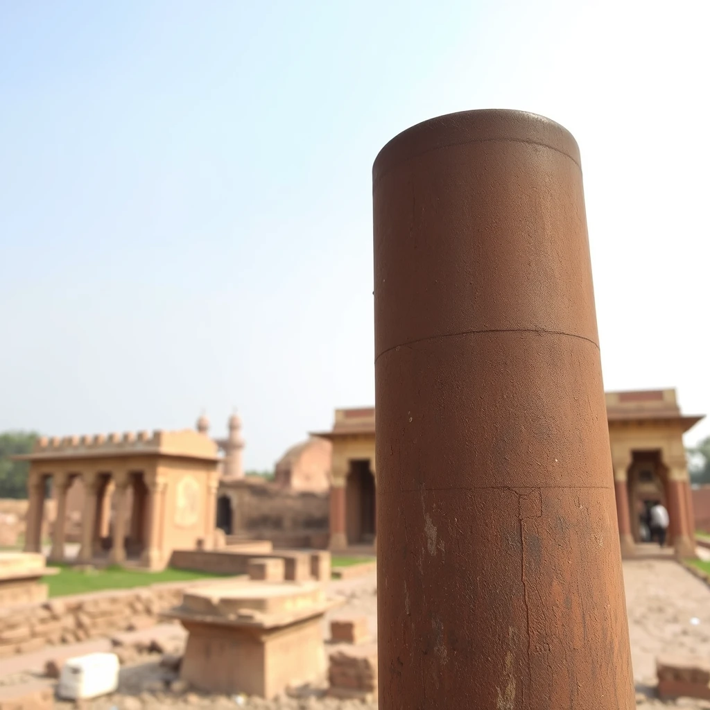 A close-up shot of the Iron Pillar of Delhi, highlighting its smooth, rust-free surface against the backdrop of ancient ruins and a clear sky.