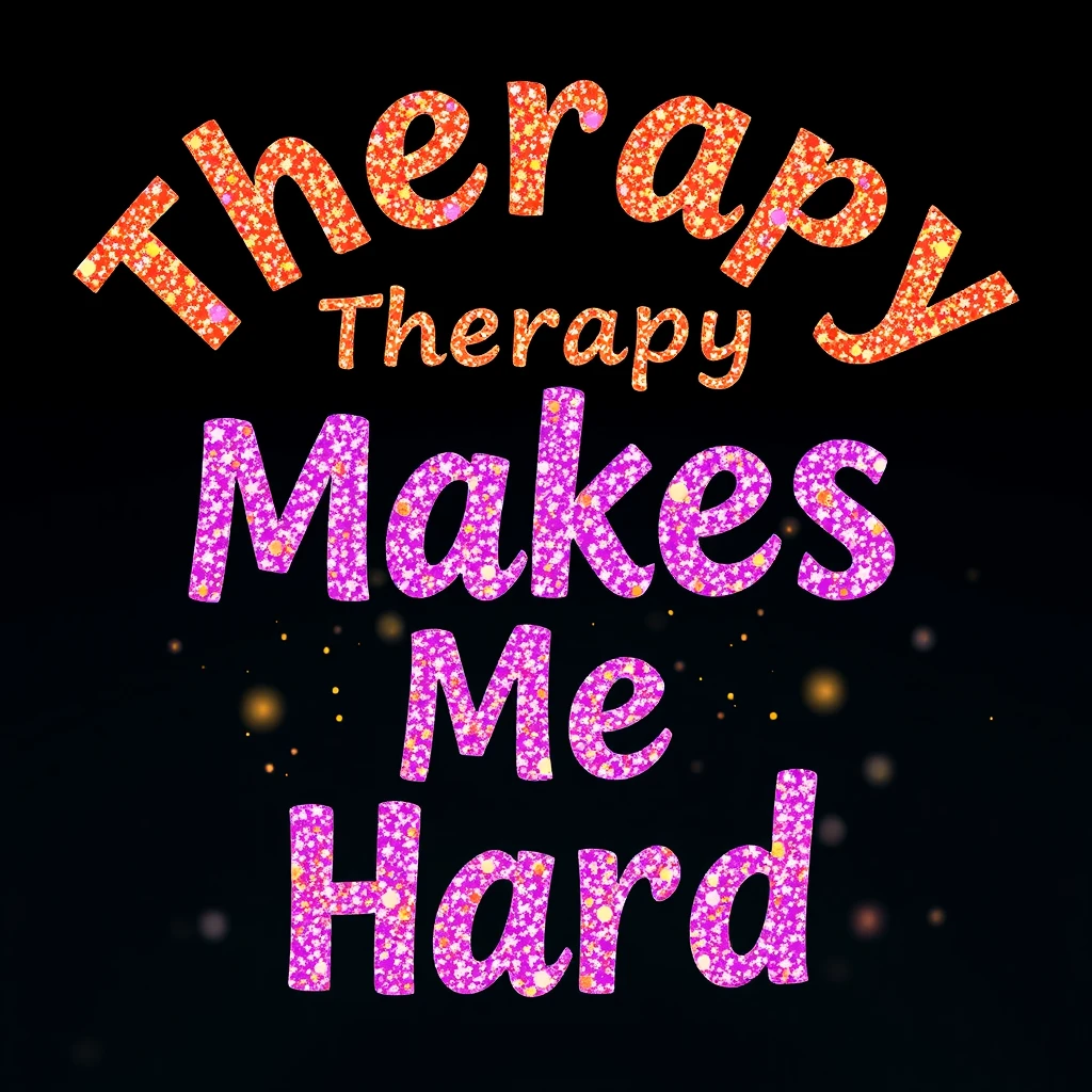 T-shirt design of fantastic vibrant glittery but ethereal text that says "Therapy Makes Me Hard"