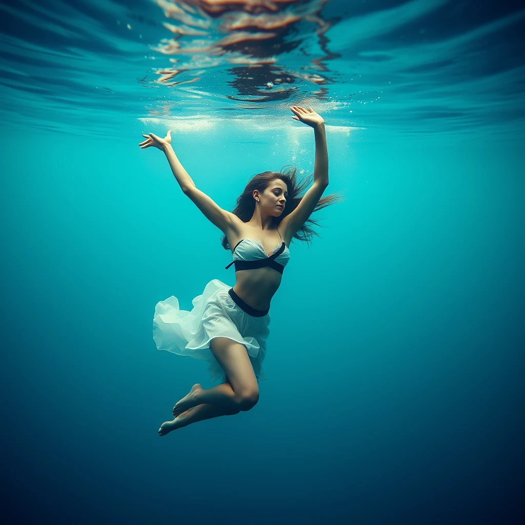 A symbolic photo: A young woman dancing underwater. Life and sensitivity. Youth and sexuality.