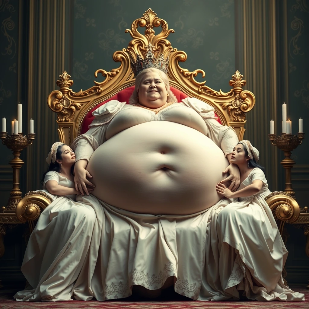 The beautiful and obese queen lies on a luxurious and exquisite throne, with several palace maids supporting her super large belly. - Image