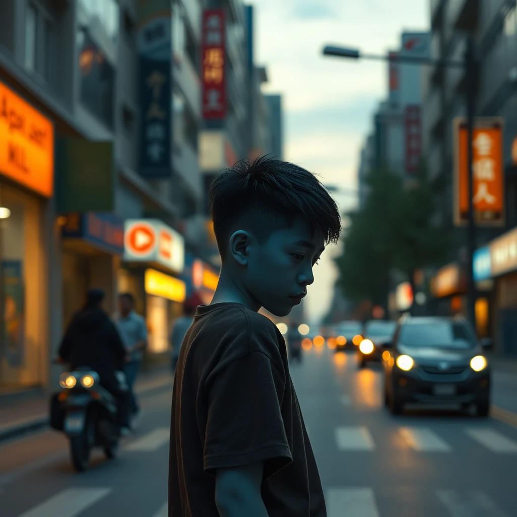 At dusk, an Asian boy with deep blue skin walks down a busy city street with his head down. No one notices him. Photorealistic, 8K. - Image