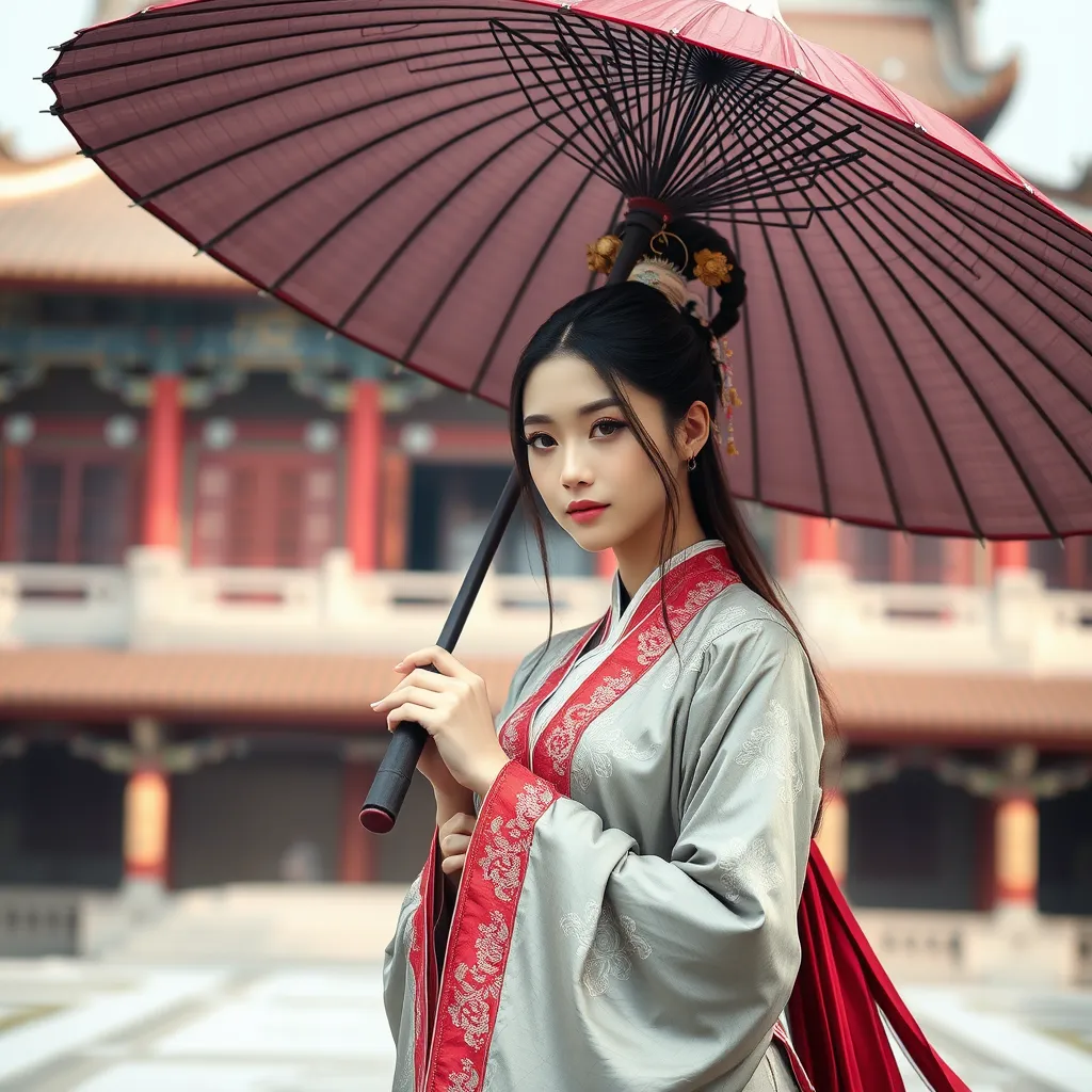 An ancient Chinese beauty wearing Hanfu holds an umbrella, with a temple in the background.