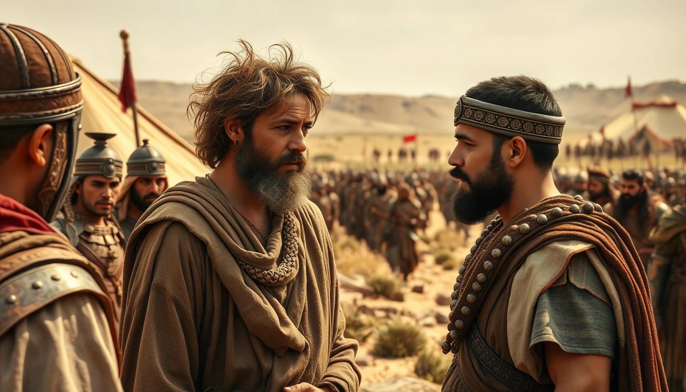 A young man with messy hair and a short beard is arguing with a middle-aged Sumerian king. The young man is dressed in biblical-era shepherd's attire. Both men are surrounded by a diverse group of men in ancient Sumerian soldier armor. In the background are Arabic tents pitched on desert shrub land. In the distant horizon stands another army armed and ready to fight. Dramatic lighting. - Image