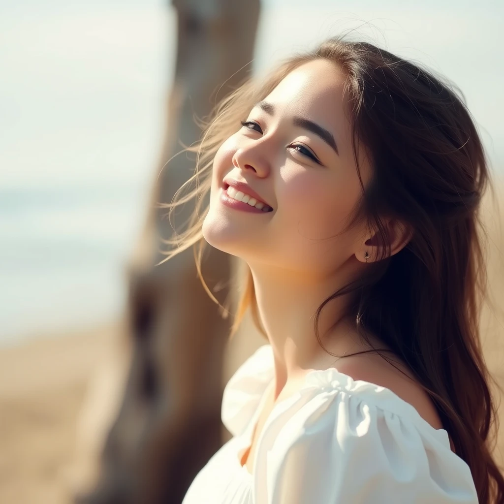 A serene, blissful scene of a young woman in a white dress. The scene feels authentic and unpolished.