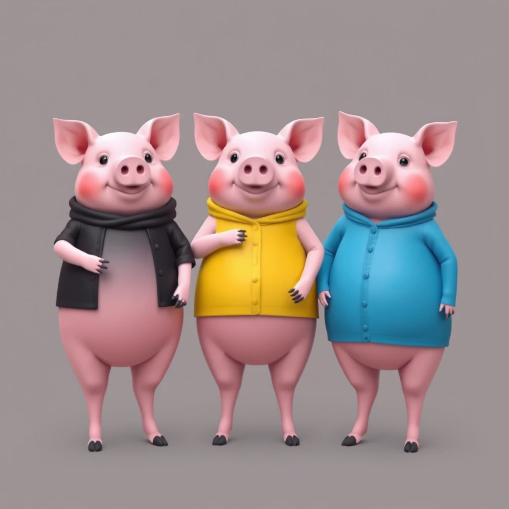 Three pink pigs stand in place: on the left, one has black clothes; the center pig has yellow clothes; the right one has blue clothes.