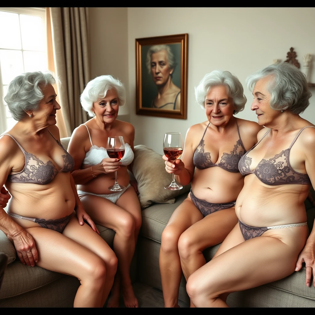 Group of 80-year-olds in tiny lace bikinis having a glass of wine in the living room.