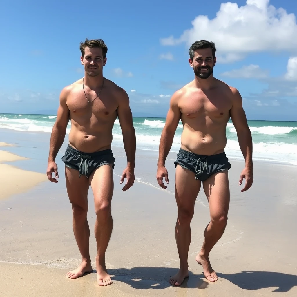 Handsome hunks on the beach in thongs.