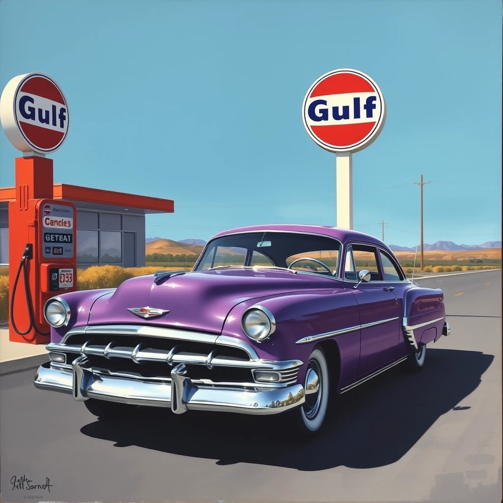 A 1952 Chevy is getting gas at the Gulf gas station in 1965, as painted by Arthur Sarnoff, wide, landscape view.