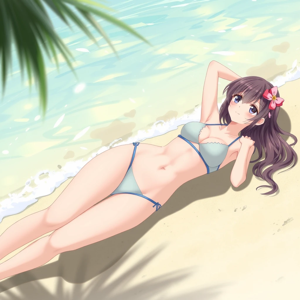 Beach, swimsuit, Japanese girl, lying down, realistic style.