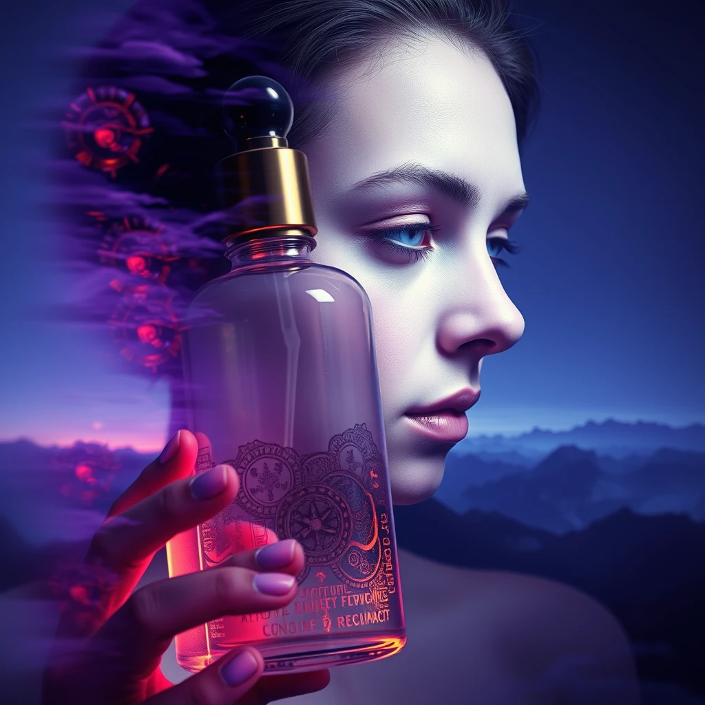 Multiple exposure, Alphonse Mucha's art, cosmetic glass bottle, violet, character design, rendering, biomechanics, science fiction, volumetric lighting, beautiful scenery, detailed face, dramatic colors.