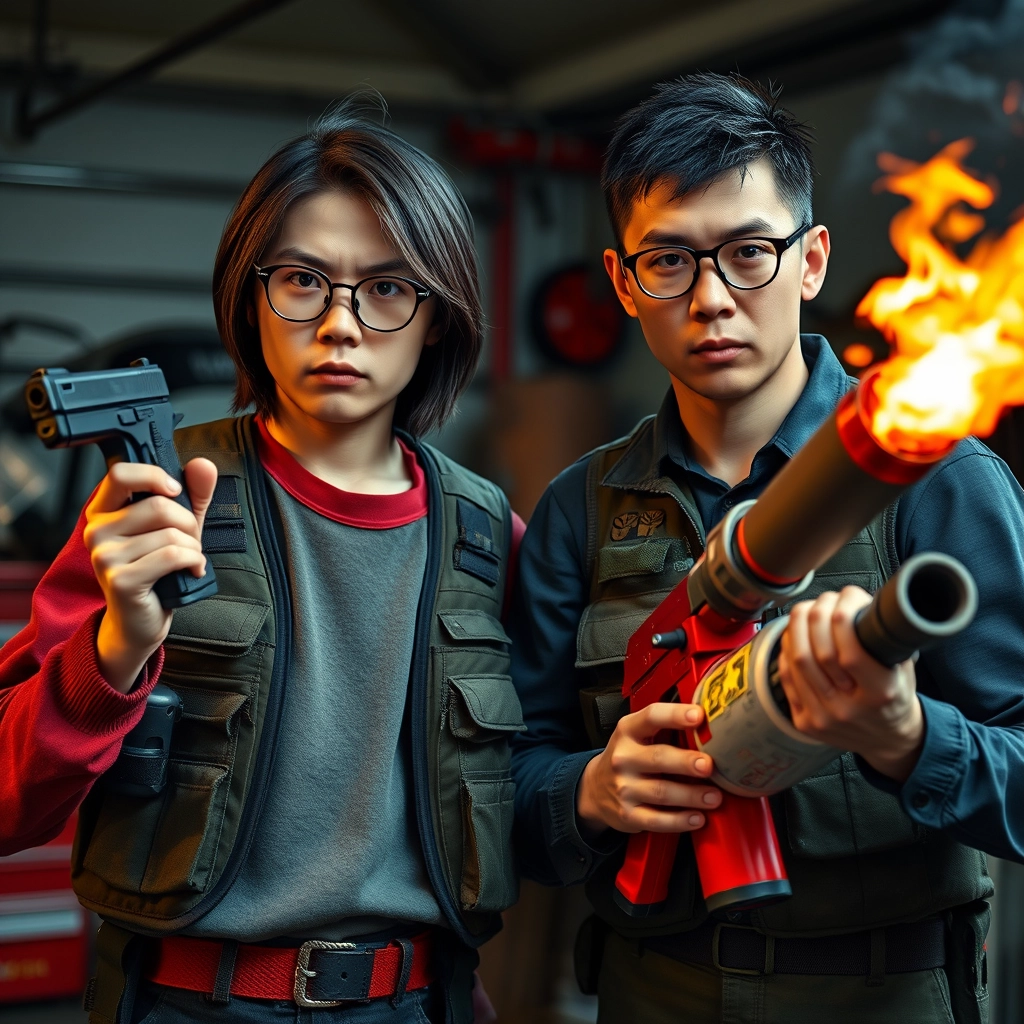 21-year-old white thin long-faced young northern Chinese man with a square chin, wearing square glasses, holding a pistol, with medium/long length hair; 21-year-old white Italian/Caucasian man wearing round glasses and short hair holding a very large fire extinguisher flamethrower; garage setting; both angry and wearing a military vest.