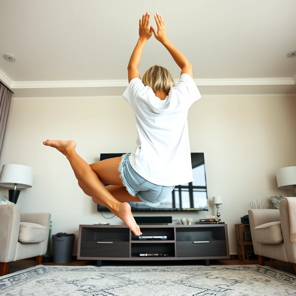 Side view angle of a blonde skinny woman who is in her massive living room wearing a massively oversized white t-shirt which is also very off balance on one of the sleeves for the shoulders and wearing oversized light blue denim shorts. She is wearing no shoes or socks and is facing her TV. She dives headfirst into it with both her arms raised below her head and her legs high up in the air. She is at a 60-degree angle and is already halfway through the TV screen.