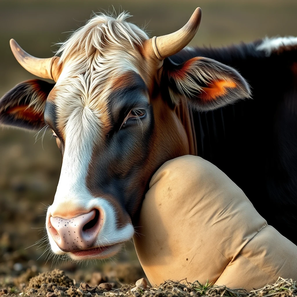 A cow going to sleep while hugging a beige bean. - Image