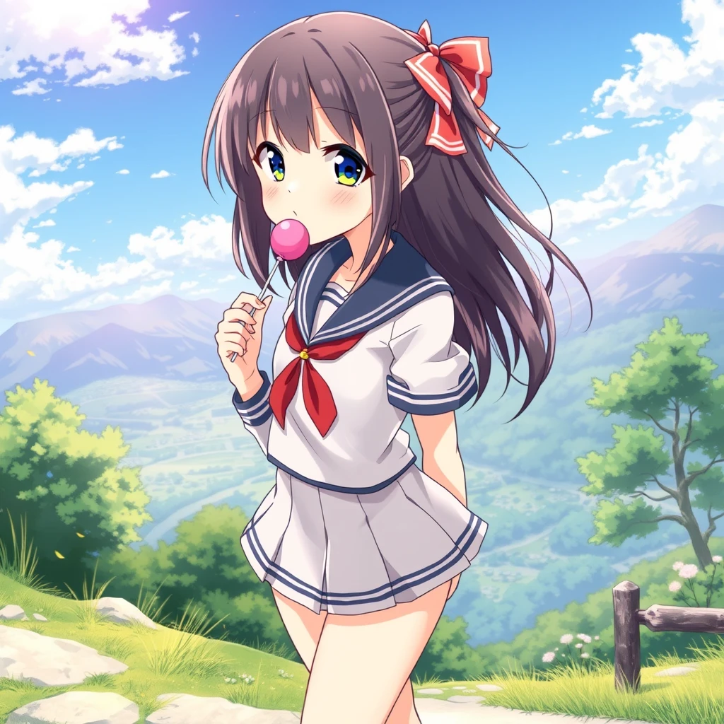 Japanese anime illustration: a girl in a sailor uniform with a short skirt, holding a lollipop, her outfit appears semi-transparent in the sunlight, shown in a full-body view within a picturesque landscape.