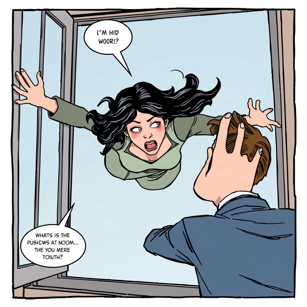 The woman is pushed out of the window by the man, panicking and looking down. comic.